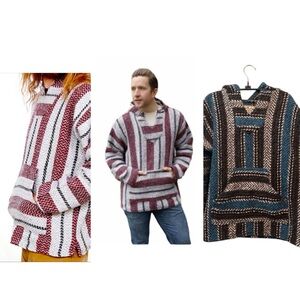 Vintage Baja Joe Mexican Hoodie - Black, White, and Blue Pullover Surfer Ski top